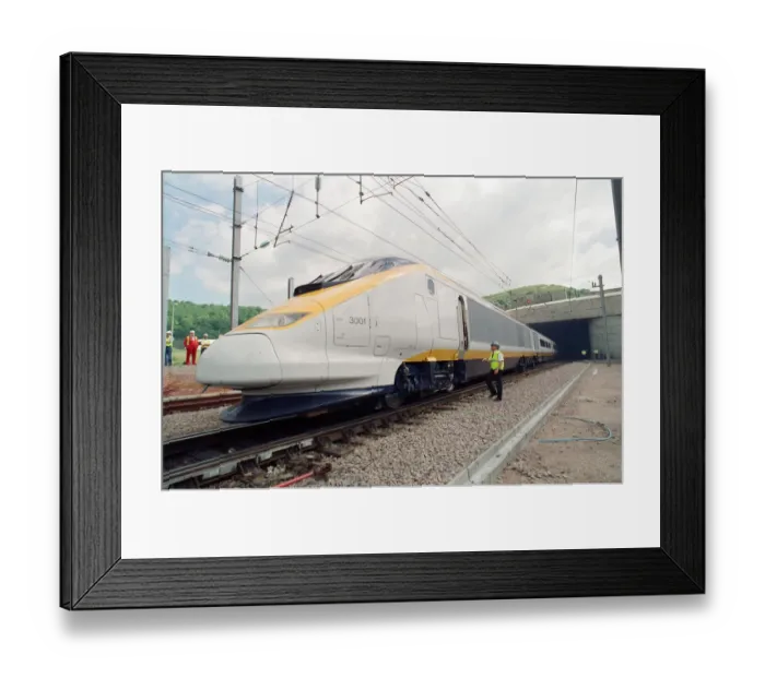 Framed Print : The first Eurostar test train hauled through the Channel Tunnel from France to Britain Framed Print : The first Eurostar test train hauled through the Channel Tunnel from France to Britain