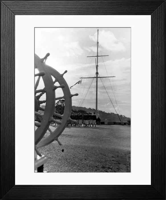 Framed Print : Cadets parade before the mast and ships wheel at the Royal Navys Suffolk training base Framed Print : Cadets parade before the mast and ships wheel at the Royal Navys Suffolk training base