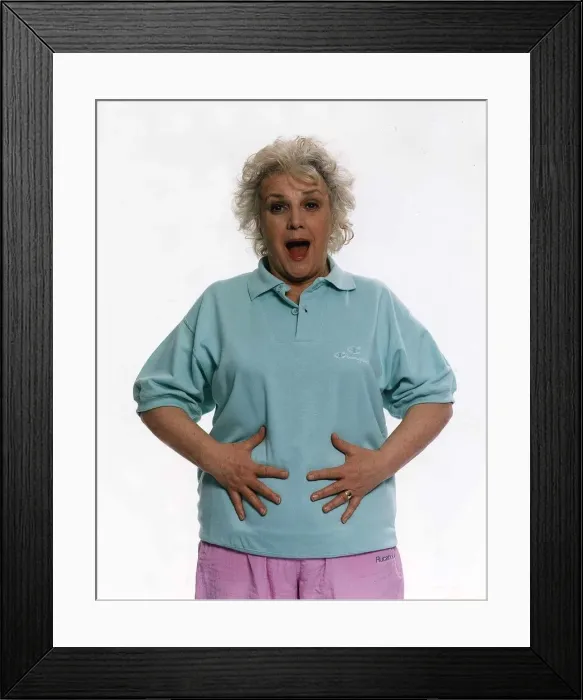 Framed Print : Jean Boht Actress Studio shot doing Keep Fit exercise