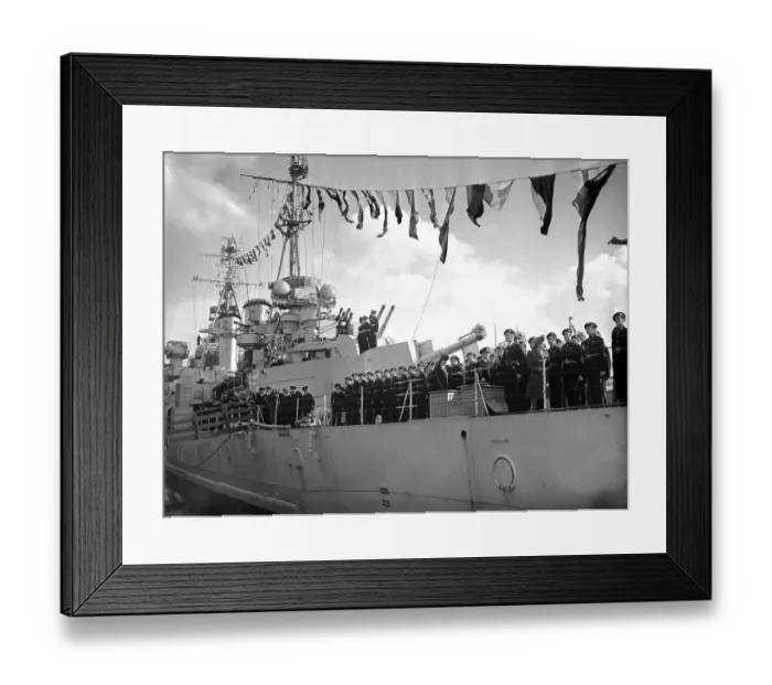 Framed Print : Princess Elizabeth March 1946 leaving Belfast on HMS Superb after launching HMS Eagle Framed Print : Princess Elizabeth March 1946 leaving Belfast on HMS Superb after launching HMS Eagle