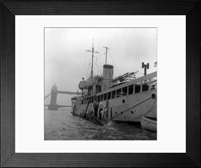 Framed Print : Midget Submarine X-Boat October 1952 Tied up alongside it depot ship Framed Print : Midget Submarine X-Boat October 1952 Tied up alongside it depot ship