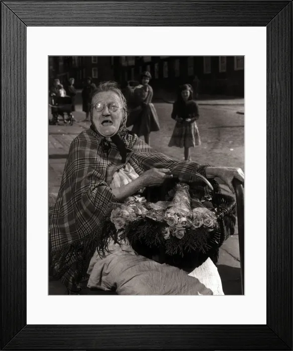 Framed Print : Sarah Burke aged 78 Flower Seller - February 1961 sells flowers on the streets of