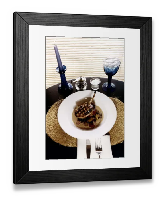 Framed Print : Food Meal Roast Pork Chop with roast vegetables and mustard sauce August 1997 Framed Print : Food Meal Roast Pork Chop with roast vegetables and mustard sauce August 1997