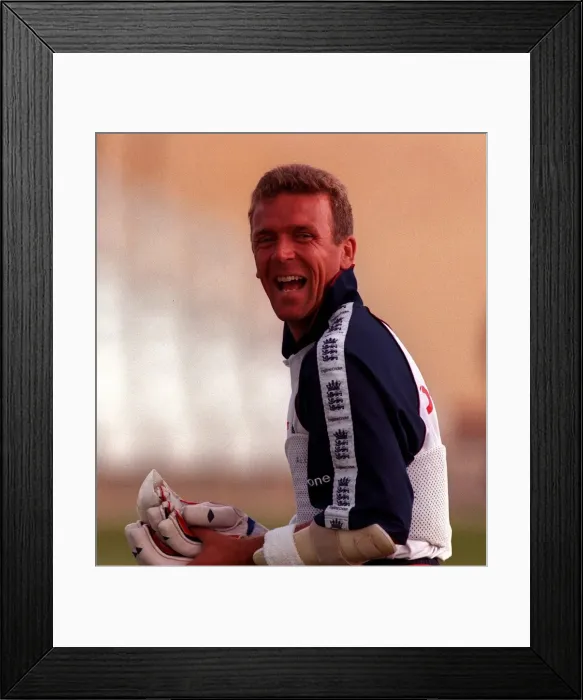 Framed Print : Alec Stewart England cricket captain has a laugh July 1998 during net practice for Framed Print : Alec Stewart England cricket captain has a laugh July 1998 during net practice for