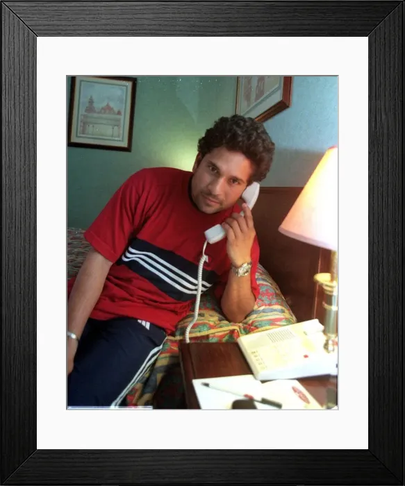 Framed Print : Sachin Tendulkar Indian opening batsman June 1999 in his hotel room before Framed Print : Sachin Tendulkar Indian opening batsman June 1999 in his hotel room before