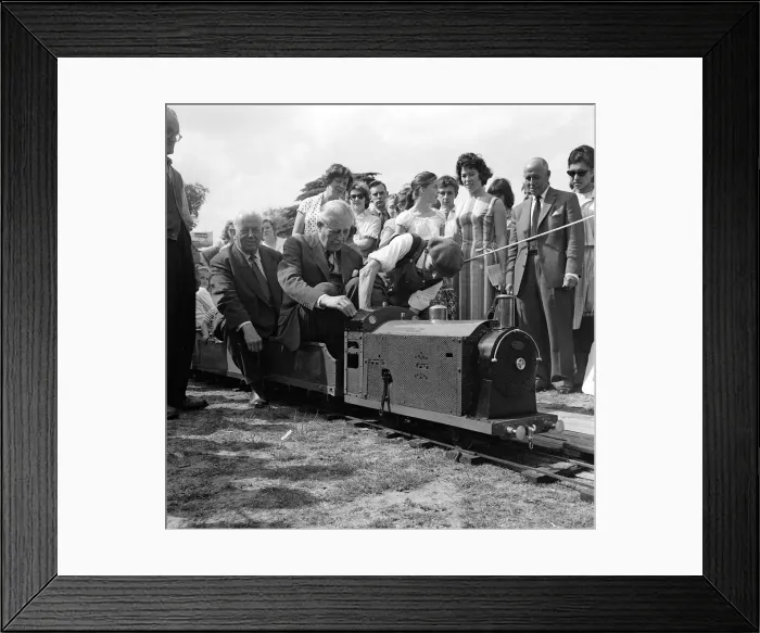 Framed Print : Harold MacMillan MP riding on model railway June 1962 Framed Print : Harold MacMillan MP riding on model railway June 1962