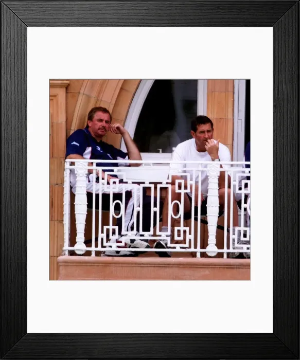 Framed Print : Graham Gooch and David Graveney on dressing room 1999 Balcony at Lords during