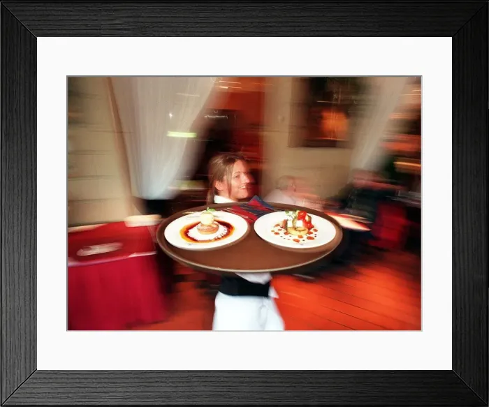 Framed Print : Carrie Barr waitress March 1999 at the Holiday Inn Glasgow Carying tray with