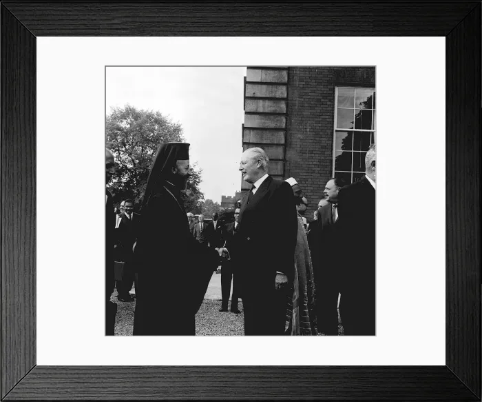 Framed Print : Prime Minister Harold MacMillan greets one time enemy Archbishop Makarios of Cyprus at a Framed Print : Prime Minister Harold MacMillan greets one time enemy Archbishop Makarios of Cyprus at a