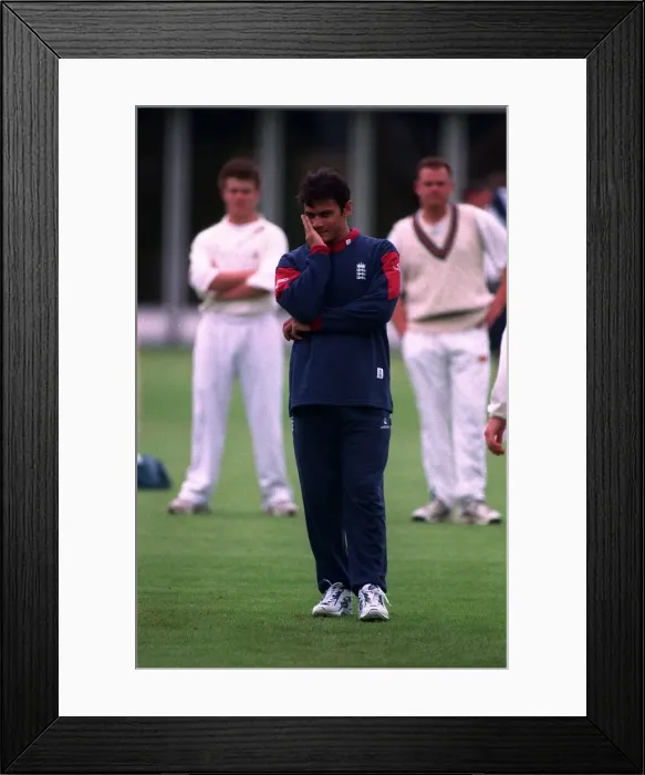 Framed Print : Mark Ramrakash Cricket June 98 England cricketer standing on cricket holding his Framed Print : Mark Ramrakash Cricket June 98 England cricketer standing on cricket holding his