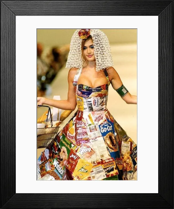 : Clothing model dressed in food wrappers at the London Fashion Show circa 1995 : Clothing model dressed in food wrappers at the London Fashion Show circa 1995