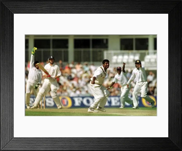 Framed Print : Muttiah Muralitharan celebrates taking wicket August 1998 of Ian Salisbury in