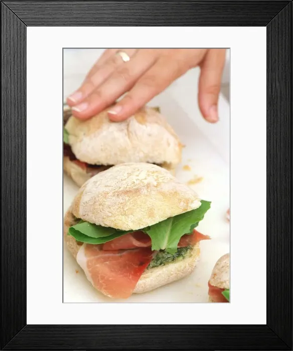 Framed Print : Prosciutto and rocket filled ciabatta bread rolls - August 1999, with fresh pesto Framed Print : Prosciutto and rocket filled ciabatta bread rolls - August 1999, with fresh pesto