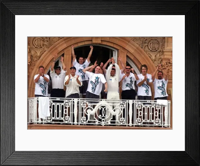 Framed Print : The New Zealand cricket team celebrate victory July 1999 from dressing room
