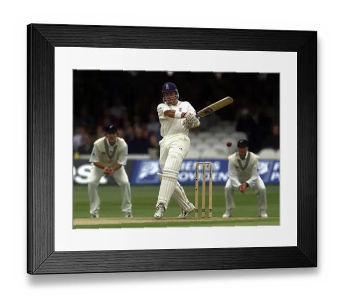 Framed Print : Englands Alec Stewart on the attack on day one July 1999 during England v New