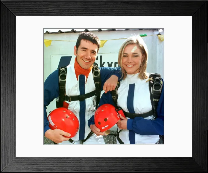 Framed Print : Jenni Falconer and Dougie Vipond parachuting - parachute jump Presenters of Framed Print : Jenni Falconer and Dougie Vipond parachuting - parachute jump Presenters of