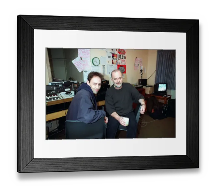 Framed Print : Radio One DJ Steve Lamacq and John Peel at the decks of Subcity Radio in Glasgow student Framed Print : Radio One DJ Steve Lamacq and John Peel at the decks of Subcity Radio in Glasgow student