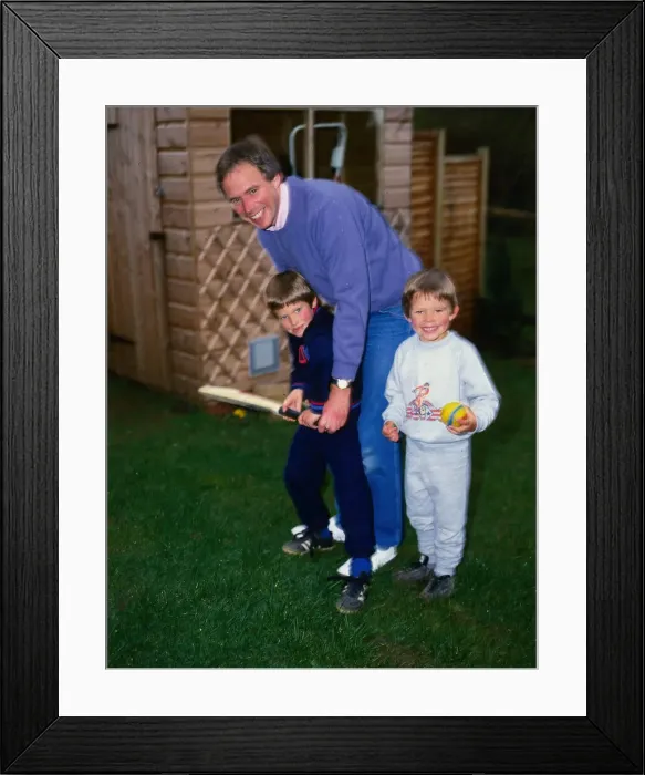 Framed Print : Nick Owen TV Presenter with two sons May 1986 Timothy and Andrew