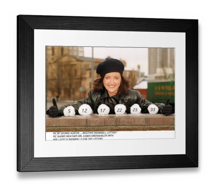 Framed Print : Karen Greenshields TV weather girl with Snoball Lottery black beret leather jacket