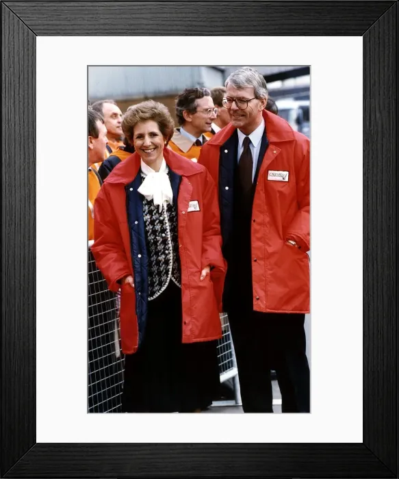Framed Print : John Major Prime Minister and wife Norma in orange jackets at Charterail Goods yard in Framed Print : John Major Prime Minister and wife Norma in orange jackets at Charterail Goods yard in