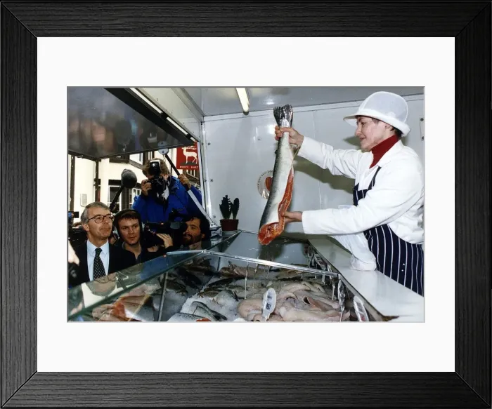Framed Print : John Major Prime Minister at a fish stall in St Ives during 1992 electioneering Framed Print : John Major Prime Minister at a fish stall in St Ives during 1992 electioneering