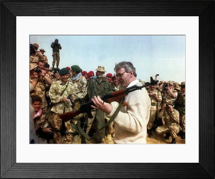 Framed Print : John Major MP in kuwait holding a russian made rifle