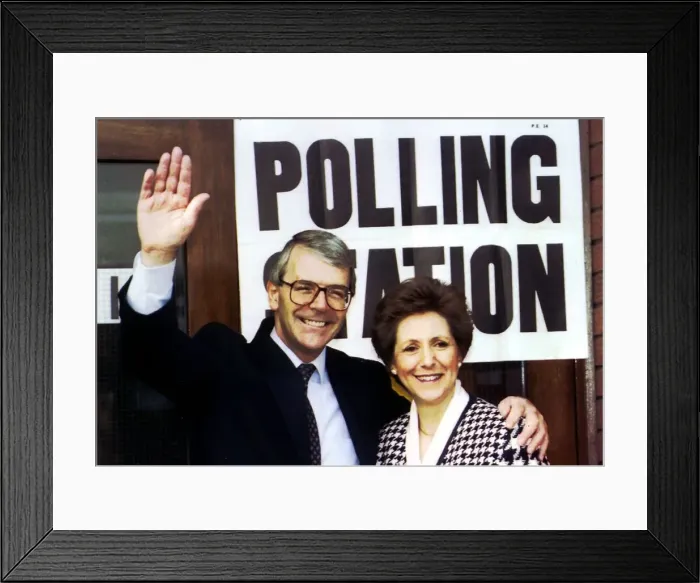 Framed Print : John Major MP with wife at the polling station in his constituency of Huntingdon to cast Framed Print : John Major MP with wife at the polling station in his constituency of Huntingdon to cast