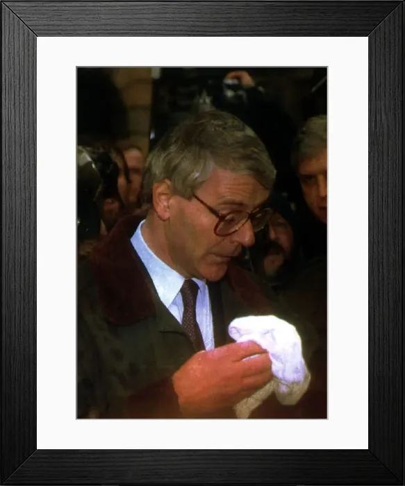 Framed Print : John Major MP wiping his face whilst in Chester after a egg throwing incident diring Framed Print : John Major MP wiping his face whilst in Chester after a egg throwing incident diring