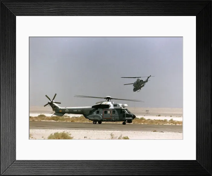 Framed Print : A Puma helicopter awaits clearence for take off from a Saudi airfield located in Framed Print : A Puma helicopter awaits clearence for take off from a Saudi airfield located in