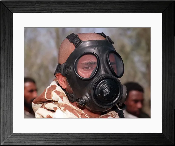 Framed Print : A soldier wears a gas mask in training Oct 1990 during the Gulf crisis