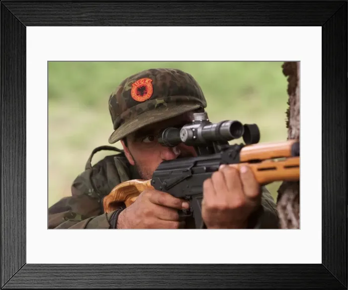 Framed Print : A KLA sniper in action in Kosovo May 1999 Framed Print : A KLA sniper in action in Kosovo May 1999