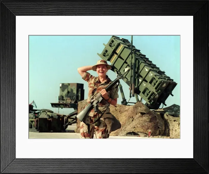 Framed Print : Gulf War Operation Desert Storm. American Patriot defence missile system guarded by Framed Print : Gulf War Operation Desert Storm. American Patriot defence missile system guarded by