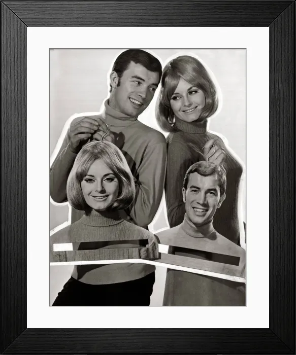 Framed Print : A man and woman hanging up their clothes on a hangar with a life sized image of their Framed Print : A man and woman hanging up their clothes on a hangar with a life sized image of their