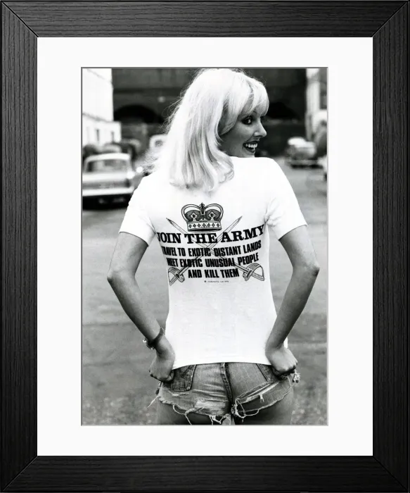 Framed Print : A model wearing a t-shirt with a controversial slogan in a London street August 1976