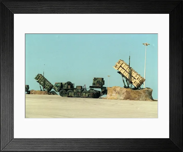 Framed Print : Patriot Missile Battery stands at thye ready close to the Dharan airbase during the Gulf