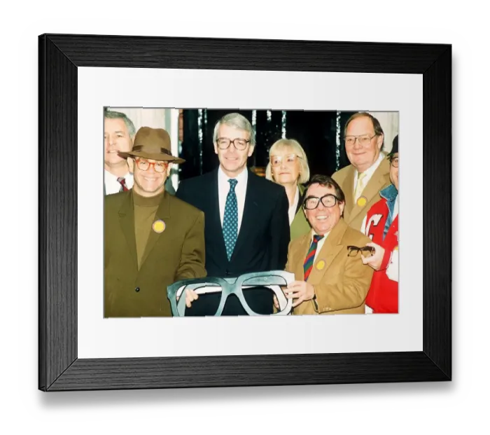 Framed Print : Elton John singer John Major and Ronnie Corbett help launch an appeal for old specs to be Framed Print : Elton John singer John Major and Ronnie Corbett help launch an appeal for old specs to be