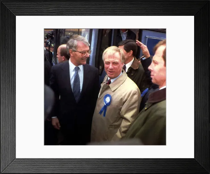 Framed Print : John Major Prime Minister with Chris Patten in Bath where eggs were thrown at them