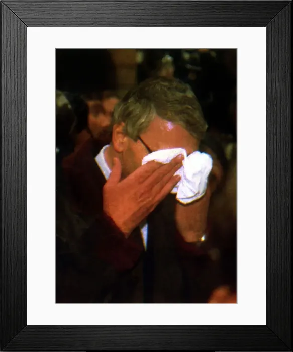 Framed Print : John Major MP wiping his face whilst in Chester after a egg throwing incident diring Framed Print : John Major MP wiping his face whilst in Chester after a egg throwing incident diring