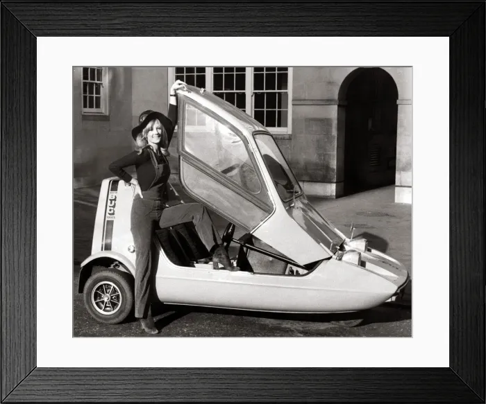 Framed Print : Bond Three Wheeler Bug 1970 - Motors Motor Cars Car model Vickie Hodge poses