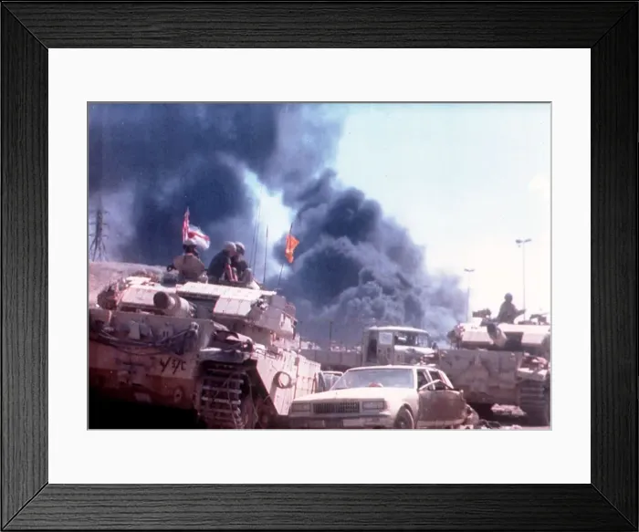 Framed Print : British army engineers use armoured vehicles to clear the road to Kuwait City Framed Print : British army engineers use armoured vehicles to clear the road to Kuwait City
