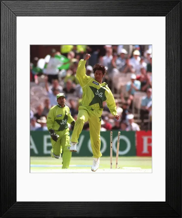 Framed Print : Shoaib Akhtar celebrates Nathan Astles wicket June 1999 during the semi finals
