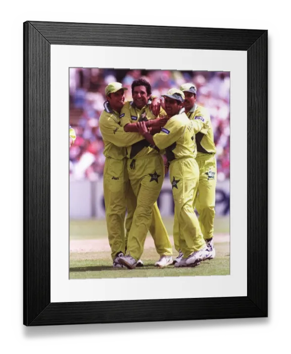 Framed Print : Wasim Akram is mobbed after getting the wicket June 1999 of Craig McMillan during Framed Print : Wasim Akram is mobbed after getting the wicket June 1999 of Craig McMillan during
