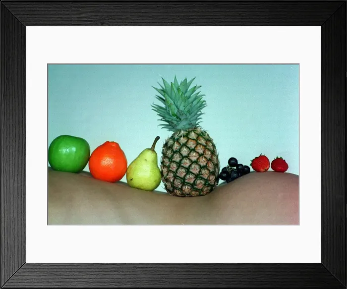 Framed Print : Fruit nude model with orange pear March 1998 Pineapple grapes strawberries resting