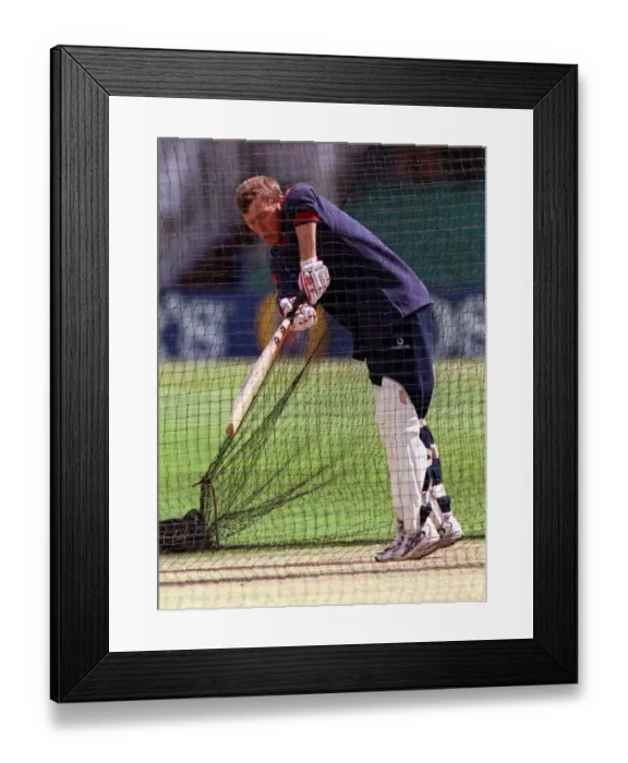 Framed Print : Mike Atherton August 1998 England Cricket Player in the nets practising batting Framed Print : Mike Atherton August 1998 England Cricket Player in the nets practising batting