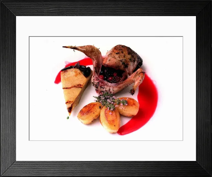 Framed Print : Berry filled roast grouse with turnip gateau and potatoes August 1999 Framed Print : Berry filled roast grouse with turnip gateau and potatoes August 1999