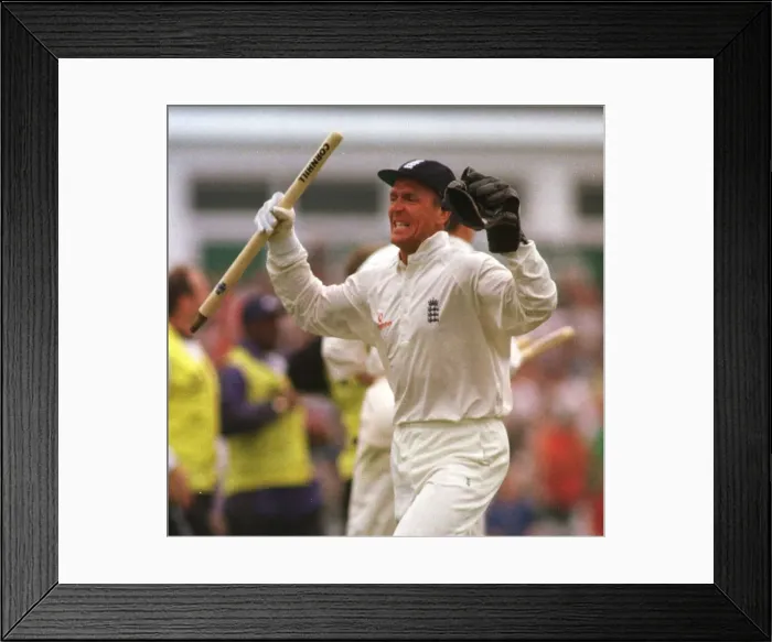 Framed Print : Alec Stewart holding stump at Headingley August 1998 after England had beaten Framed Print : Alec Stewart holding stump at Headingley August 1998 after England had beaten