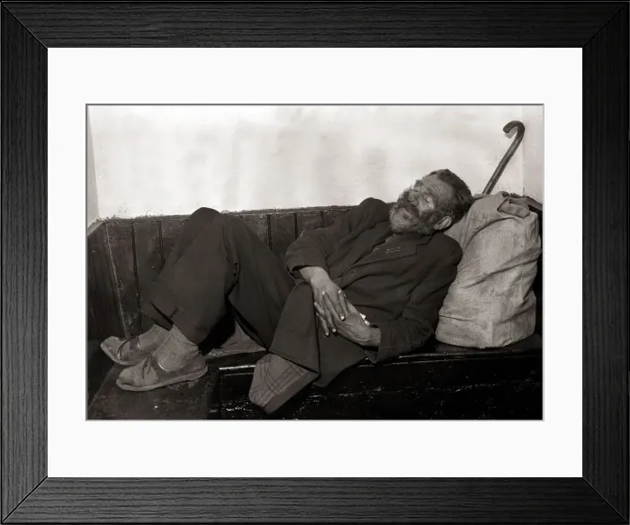 Framed Print : Old man sleeping on a bench - October 1963 Framed Print : Old man sleeping on a bench - October 1963