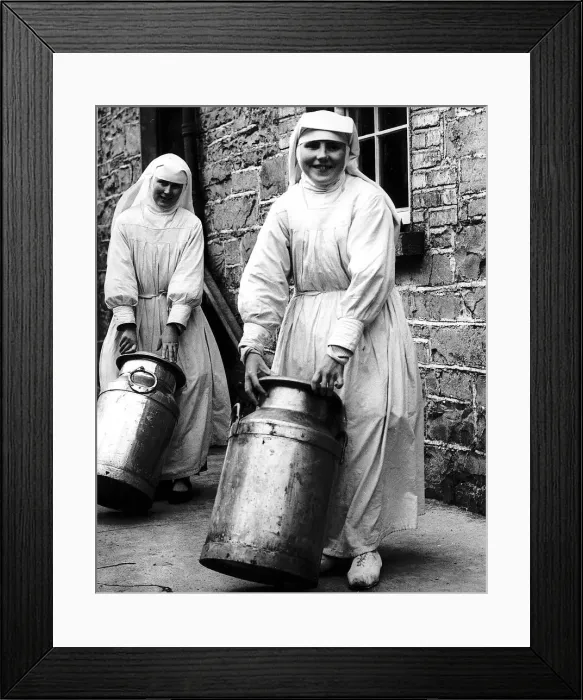 Framed Print : Sister Mona and Sister Benignus of Loughglynne Convent roll in the churns of milk Framed Print : Sister Mona and Sister Benignus of Loughglynne Convent roll in the churns of milk