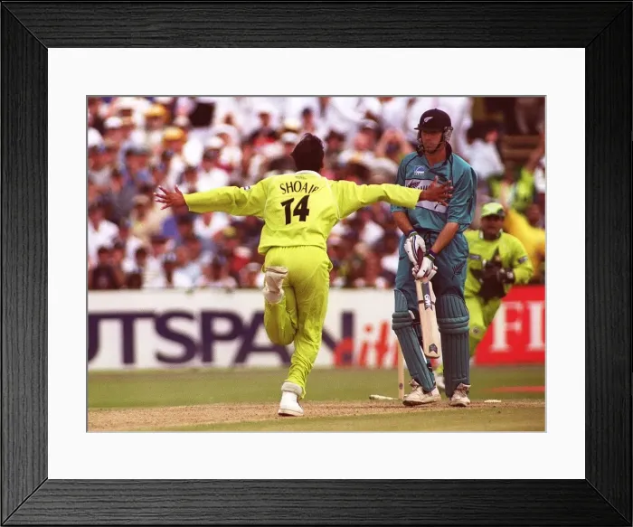 Framed Print : Shoaib Akhtar celebrates his wicket of New Zealand June 1999 captain Stephen Framed Print : Shoaib Akhtar celebrates his wicket of New Zealand June 1999 captain Stephen