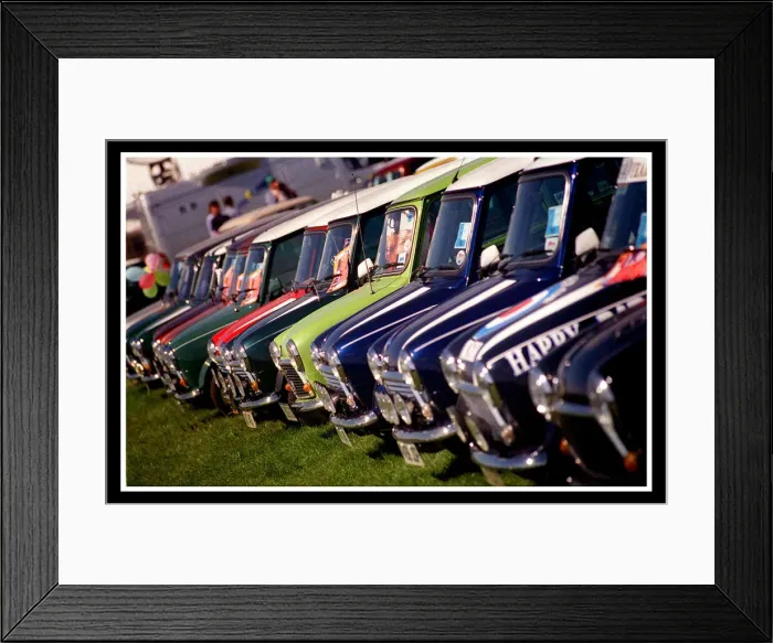 Framed Print : Mini car August 1999 Row of Minis Mini cars are at Silverston for 40th birtday party